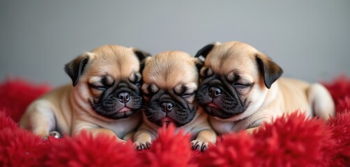 Three small pug puppies sleep close together on a fluffy red surface. Their tiny bodies are nestled against each other, showing a peaceful, adorable scene of rest. These young dogs are very cute.