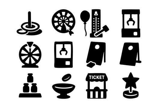 A comprehensive collection of classic amusement park and fairground game icons, including ring toss, claw machine, and wheel of fortune, presented in a clean black silhouette style &mdash; stock vector.