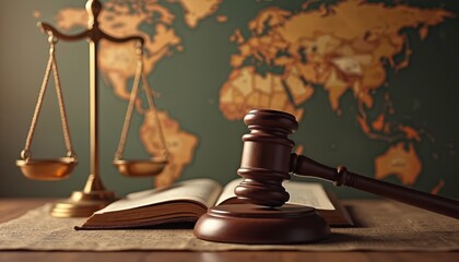 Justice scales and gavel on open book near world map backdrop. Legal system fairness and international law concept. Global court and arbitration symbol. Litigation advice