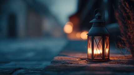 Lantern glows on cold street. Warm light shines in night.