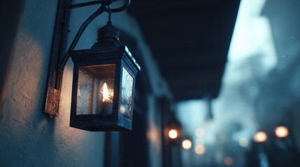 Old lantern glows on wall. Soft lights fade in foggy street.