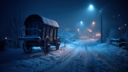 Old wooden wagon stands alone. Snow covers quiet winter road.