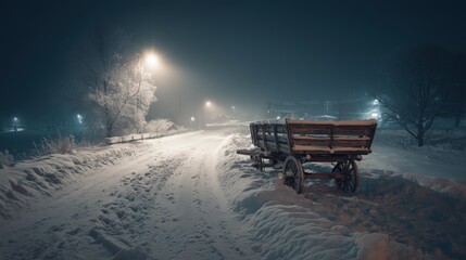 Old wooden wagon stands alone. Snow covers quiet winter road.