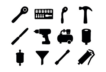 A collection of black silhouette icons depicting various hand tools, power tools, and workshop equipment on a white background &mdash; stock vector.