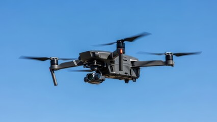 Drone flying in clear blue sky with camera attached below