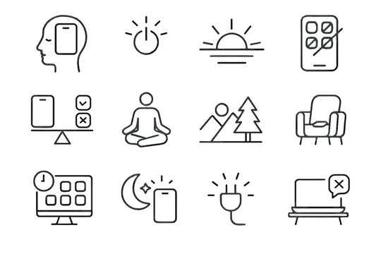 Vector digital mindful icons reduced app zone detox intentional block work morning