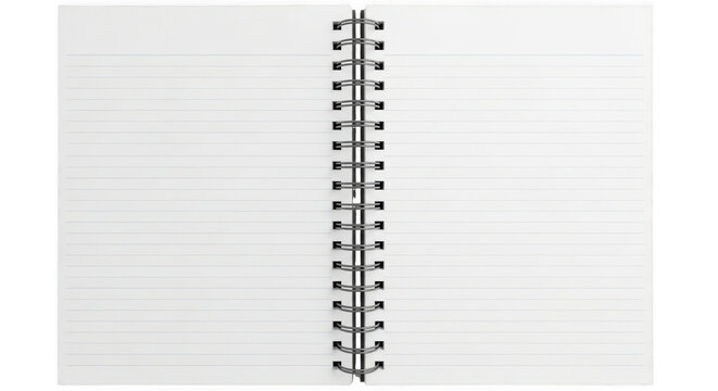 Open spiral notebook with blank lined pages on a white background