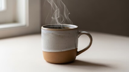 Steaming cup of coffee on a white table by the window