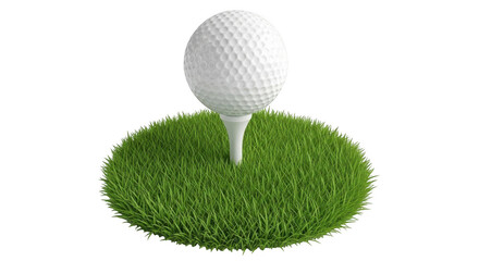 Golf ball on tee in a small patch of green grass, isolated cutout