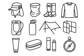Gear icons adventure vector case gaiter bottle desert pad sit folding neck