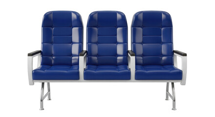 Three modern blue upholstered waiting area chairs in a public setting