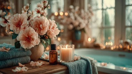 Soft flowers, candles, towels and essential oil arranged beside a warm bath create a serene spa atmosphere with gentle light and calming details
