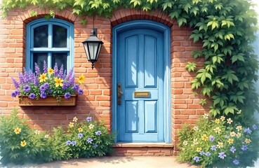 Charming blue door on brick house with blooming flowers. Window box spills with purple and yellow blossoms. Green vine climbs wall near front entrance. Inviting cottage scene.