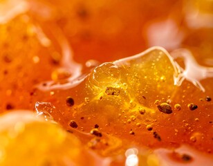 Close-up macro shot of glistening orange marmalade or candied fruit with visible texture and dark specks.