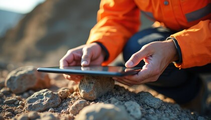 Geologist holds tablet over rock. Scientist uses digital device for sample analysis. Person works with data outdoors. Earth science research in natural environment. Tech in field.