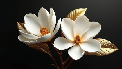 Fototapeta premium Two white magnolia blossoms with gold leaves, set against dark background. Image features elegant floral elements with luxurious feel. Perfect for design projects needing touch of sophistication,