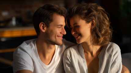 Faceless couple sitting close together on couch smiling at each other in warm sunlight, affectionate moment, loving relationship, golden hour interior light, defocused background, 