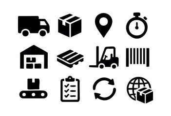 A comprehensive set of black silhouette icons representing logistics, delivery, warehousing, and supply chain operations on a clean white background &mdash; stock vector.