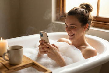 Calm Morning Selfcare Routine, Woman Enjoying Soothing Bath With Coffee And Candles