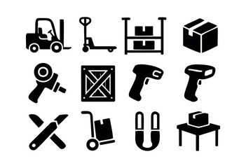 A collection of black silhouette icons representing various aspects of logistics, warehousing, shipping, and packaging operations, isolated on a white background — stock vector.