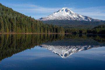 Mount Hood reflection in Oregon with clear blue skies