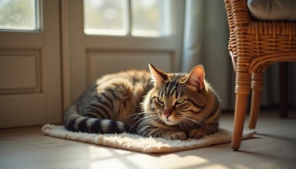 Domestic cat lounging peacefully on a rug in sunlit room  