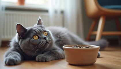 Grey cat lying beside food bowl in cozy indoor setting  