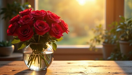 Fresh red roses in a glass vase on a wooden table at sunset  