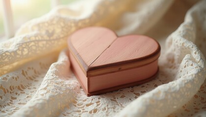 Heart-shaped wooden box on lace fabric with soft natural light  