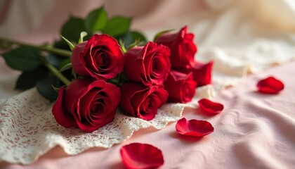 Bunch of red roses with petals on soft pastel fabric background  