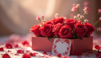 Red roses arrangement in a pink box with petals on the table  