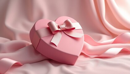 Heart-shaped pink gift box with ribbon on soft satin background  
