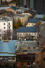 Kyiv city skyline with historic courtyards on Kudryavska street