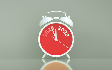 Vinatge Alarm clock turning 2025 into 2026 shows the New Year countdown of time transition, future planning, celebration and year end change while 2025 fading away