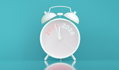 Vinatge Alarm clock turning 2025 into 2026 shows the New Year countdown of time transition, future...