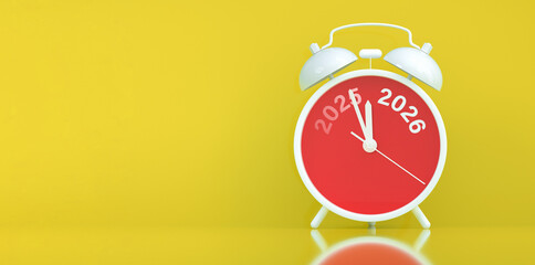 Vinatge Alarm clock turning 2025 into 2026 shows the New Year countdown of time transition, future planning, celebration and year end change while 2025 fading away