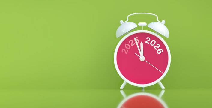 Vinatge Alarm clock turning 2025 into 2026 shows the New Year countdown of time transition, future planning, celebration and year end change while 2025 fading away