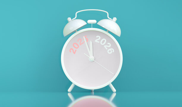 Vinatge Alarm clock turning 2025 into 2026 shows the New Year countdown of time transition, future planning, celebration and year end change while 2025 fading away