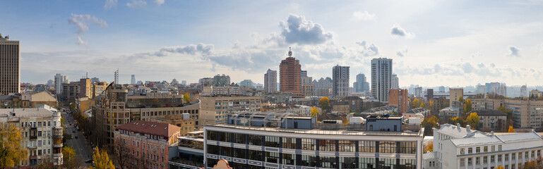 Hilly Kyiv street panorama with pre-revolutionary Art Nouveau facades.