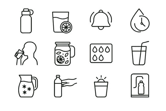 Vector hydration healthy glass reaching chilled slice icon refill water cue icons