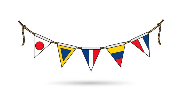A string of colorful nautical signal flags hanging on a rope, used for maritime communication.
