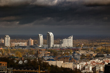 Panoramic view of Obolon district with sail skyscrapers