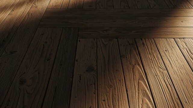 Wooden floor with a herringbone pattern and warm lighting effects on the surface, 4k videos