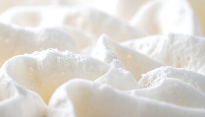 A close-up, soft focus shot of white whipped cream or frosting with a creamy texture and delicate swirls.