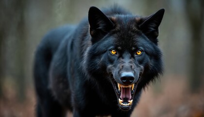 Fototapeta premium Black wolf bares sharp fangs and teeth, eyes glow yellow in forest. Fierce predator growls showing danger, alert to surroundings. Wild mammal shows primal power, aggression.