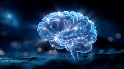 Obraz premium Glowing neon blue brain hologram against dark futuristic starry background, artificial intelligence concept, neural network visualization, sci-fi technology, cognitive computing im