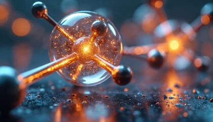 Abstract molecular structure with glowing central atom and connected elements. Digital visualization of atomic bonds and scientific research. Energy transfer science concept.