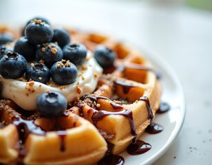 Delicious belgian waffle topped with fresh blueberries whipped cream and chocolate syrup. This sweet breakfast pastry is perfect for a morning treat.