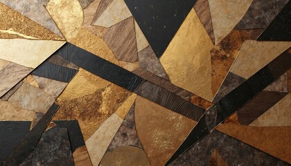 Abstract collage with gold and wood grain shapes. Geometric pattern in beige brown black and gold tones. Modern textured surface design for backgrounds and decor.