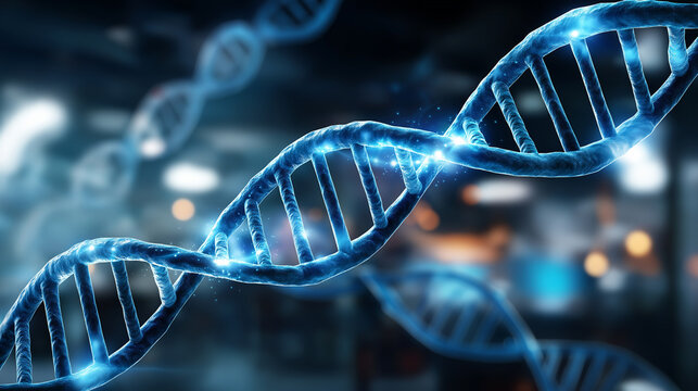 Close-up view of DNA double helix with intertwining blue strands against blurred background, genetic structure visualization, molecular biology, scientific illustration, defocused  - Powered by Adobe